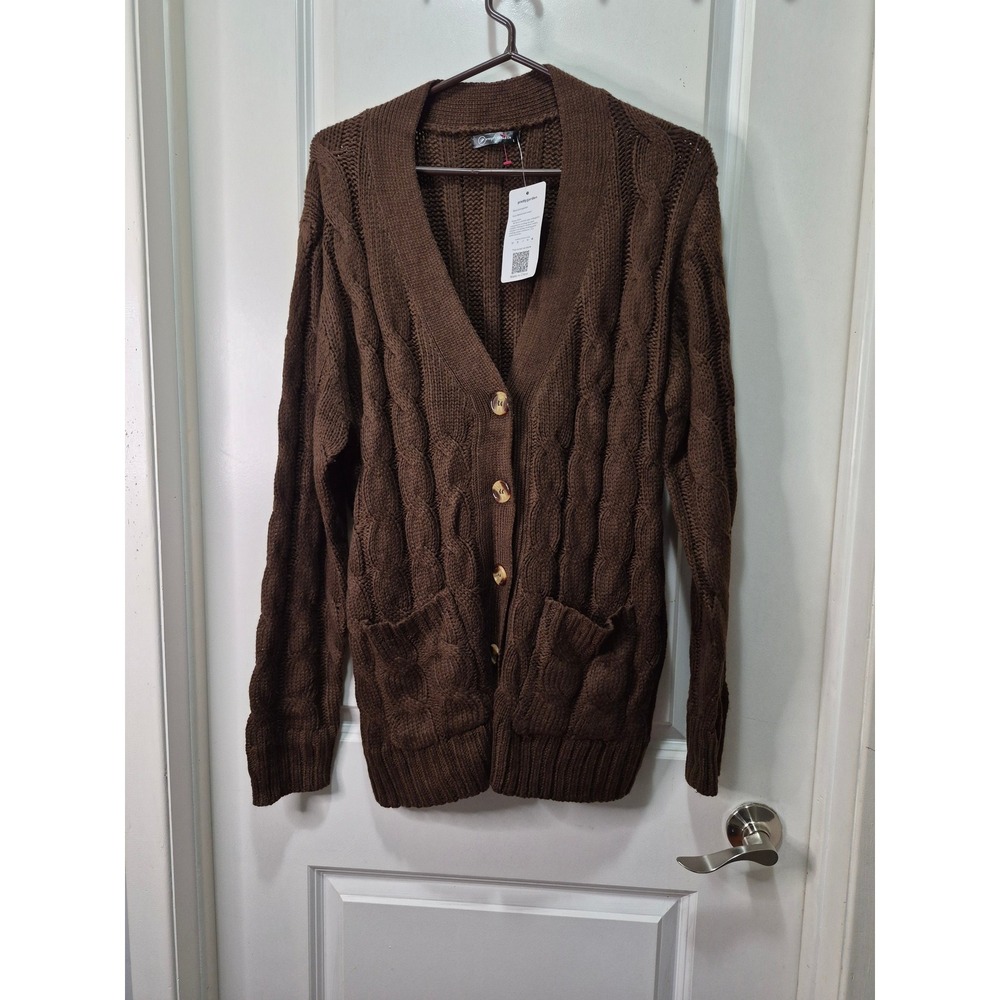 PRETTYGARDEN Womens Brown Cable Knit Cardigan Sweater Button Front Pockets L NWT